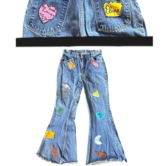 Reclaimed Vintage Denim - RARE Vintage Handmade Elvis Patchwork Bell Bottom Flared Jeans Fanmade